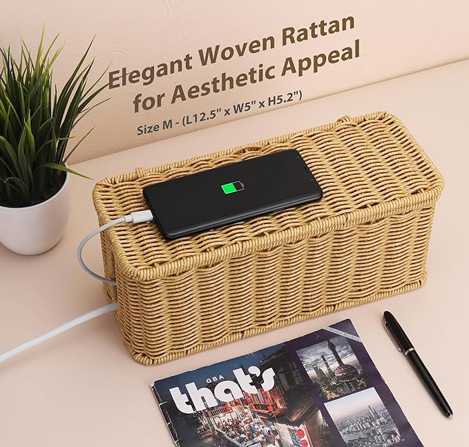 Handmade Cable Management Box, Imitation Rattan Cord Organizer Cord Hider Box - Image 5