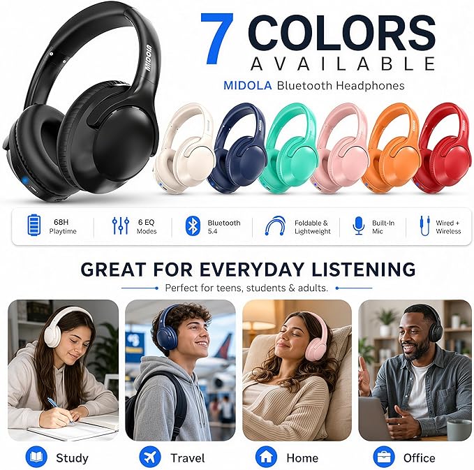 MIDOLA Bluetooth Headphones Over Ear 68H Playtime 6 EQ Wireless Headset - Image 6