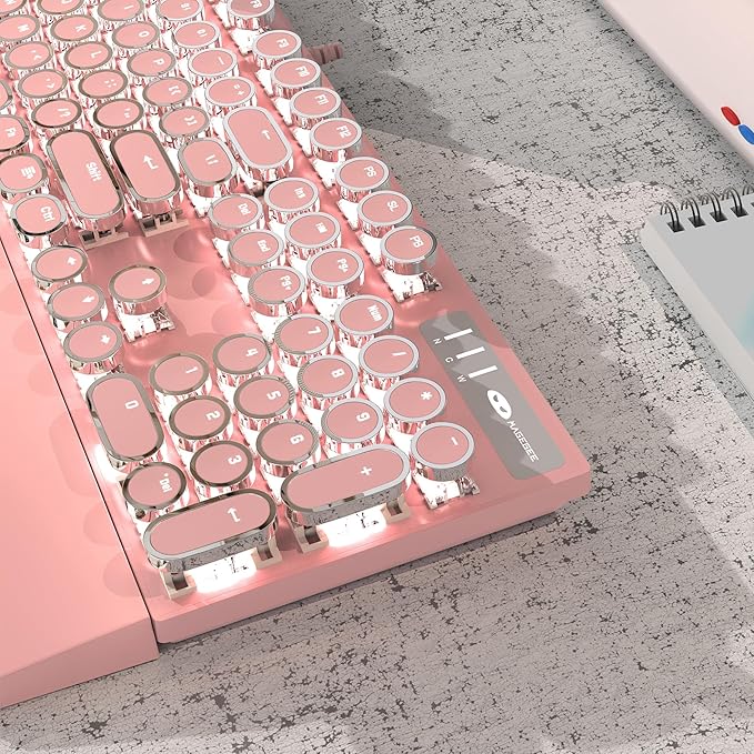 MageGee Typewriter Mechanical Gaming Keyboard, Retro Punk Pink Round Keycaps - Image 2