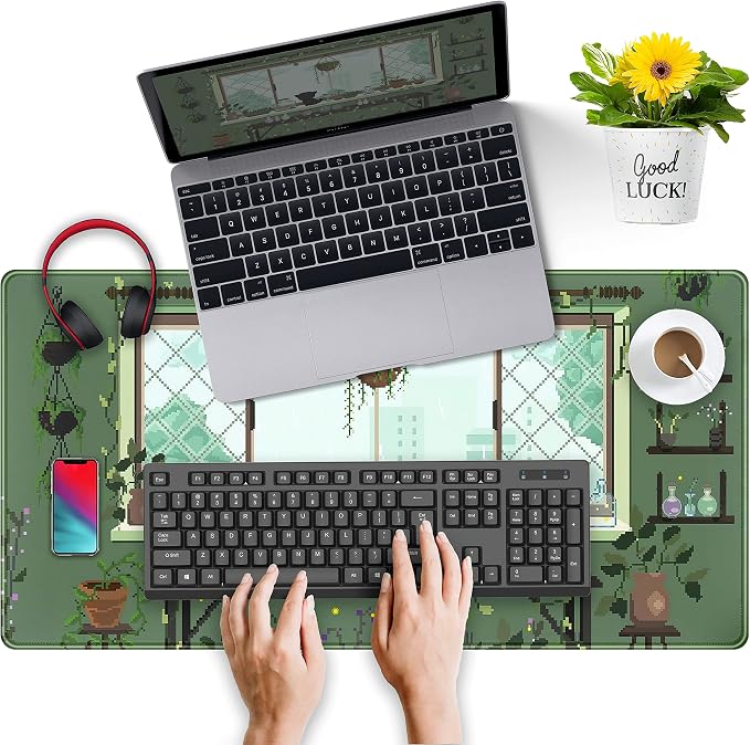 Cute Kawaii Green Plant Desk Mat Anime Aesthetic Mousepad Pixel Art XXL Large - Image 4