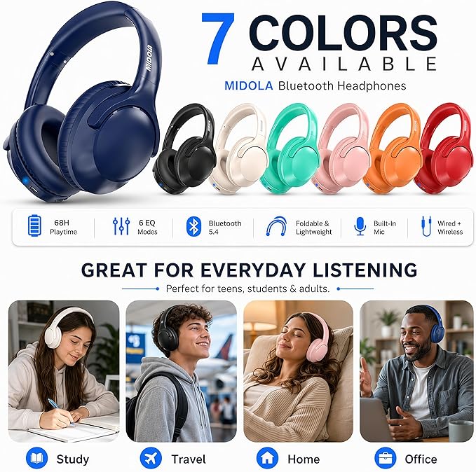 MIDOLA Bluetooth Headphones Over Ear 68H Playtime 6 EQ Wireless Headset - Image 6
