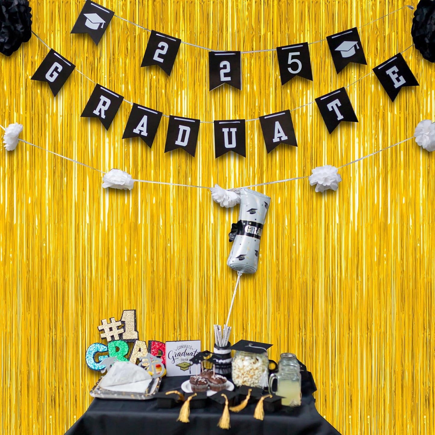 12 Pack 2025 Graduation Decorations, 3.28 FT x 7.05 FT Gold Backdrop Curtains, Metallic Class of 2025 Backdrop Fringe Curtains Foil Streamer, Gold Grad Decorations 2025 Party Supplies