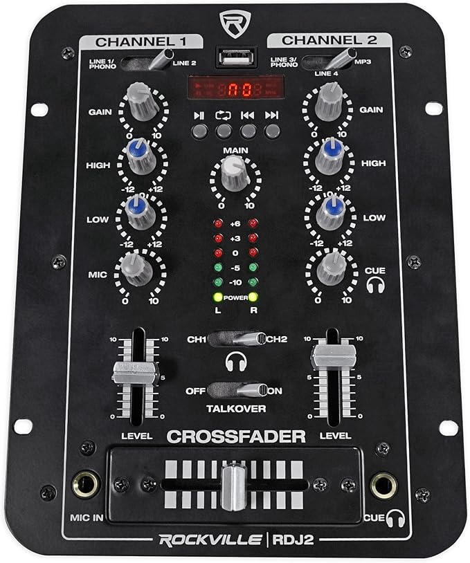 Rockville RDJ2 2-Channel DJ Mixer USB Playback, Cue Monitor, 4 Line Inputs by Rockville