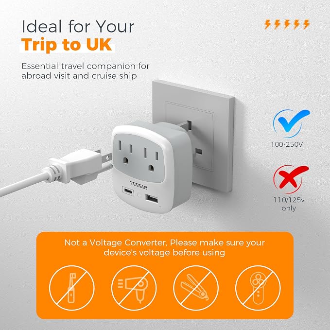 US to UK Plug Adapter, TESSAN Type G Travel Adaptor - Image 5