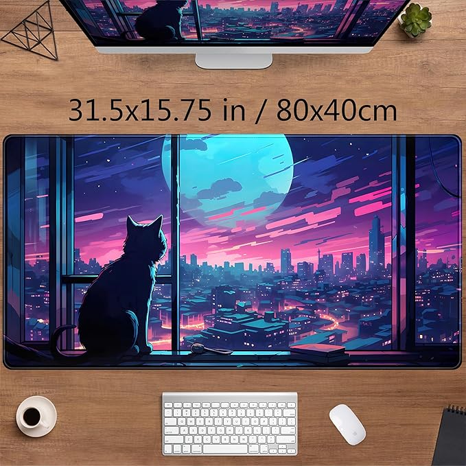 Cool Purple Kawaii Anime Moom Cat Desk Mat XXL Large Gaming Mouse Pad, Cute - Image 2