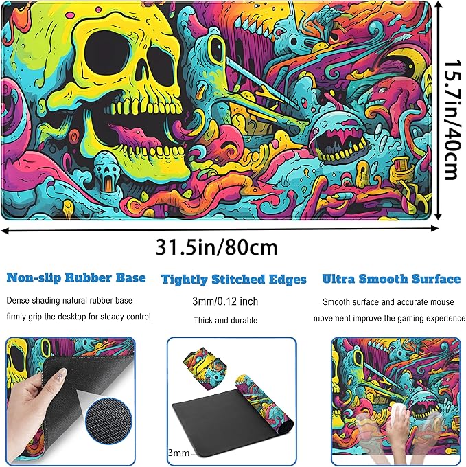 Gaming Desk Mat Skull Desk Pad Extended Mouse Pad XXL, Cool Mouse and Keyboard - Image 3