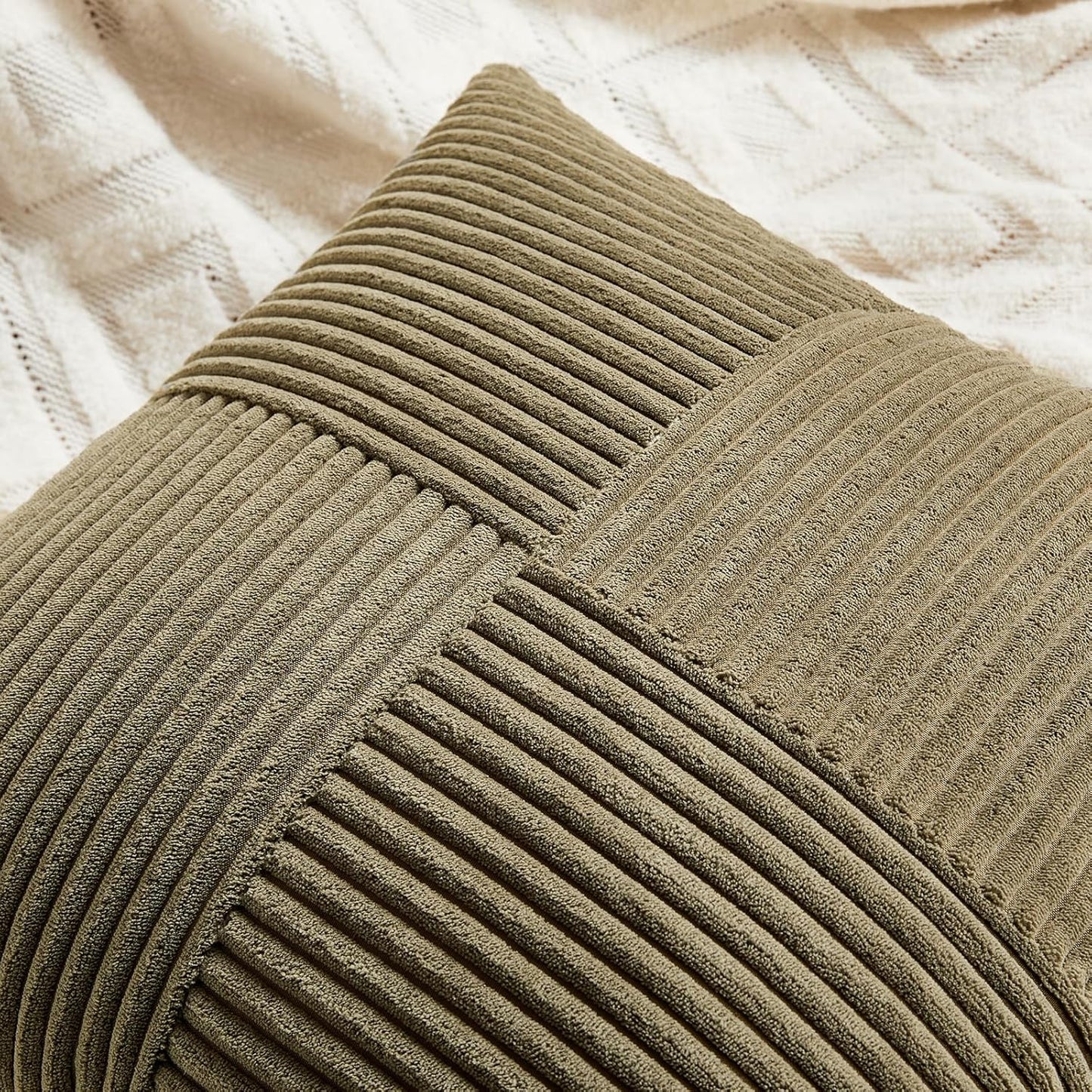 Fancy Homi 2 Packs Olive Green Euro Decorative Throw Pillow Covers 26x26 Inch for Living Room Couch Bed, Rustic Farmhouse Boho Home Decor, Soft Corss Corduroy Patchwork Textured Cushion Case 66x66 cm
