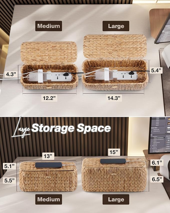 BLUEWEST Pack 2 Large Cable Management Box, Wicker Hyacinth Rattan Cable - Image 4