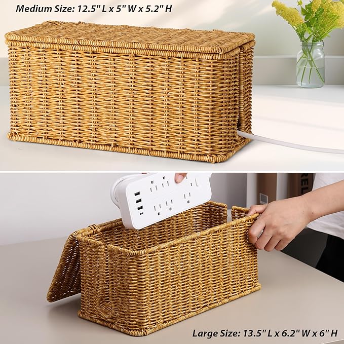 2Pack Large Cable Management Box, Handwoven Imitation Rattan Cord Organizer - Image 2