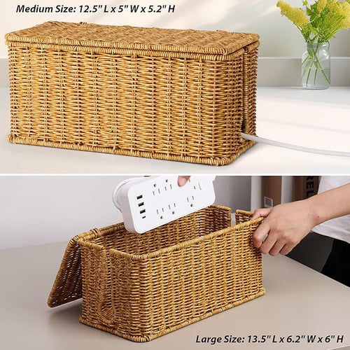 2Pack Large Cable Management Box, Handwoven Imitation Rattan Cord Organizer - Image 2