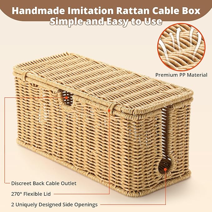2Pack Large Cable Management Box Black, Handwoven Imitation Rattan Cord - Image 6