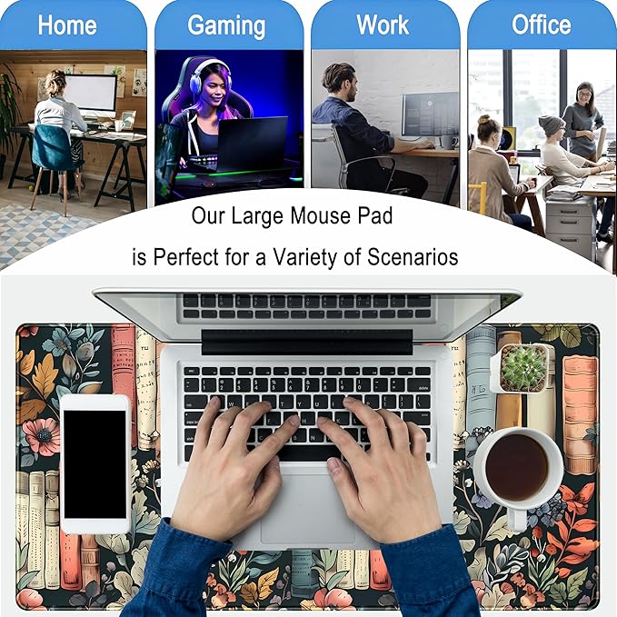 Floral Books Desk Mat Reading Desk Pad Mouse Mat XXL, Colorful Mouse Keyboard - Image 6