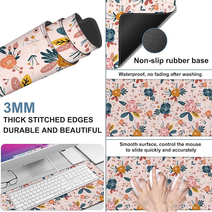 Gaming Desk Pad Large Extra Length Hand Drawn Floral Mouse Pad Keyboard Laptop - Image 2