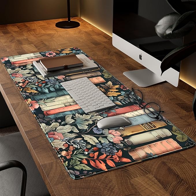 Floral Books Desk Mat Reading Desk Pad Mouse Mat XXL, Colorful Mouse Keyboard - Image 2
