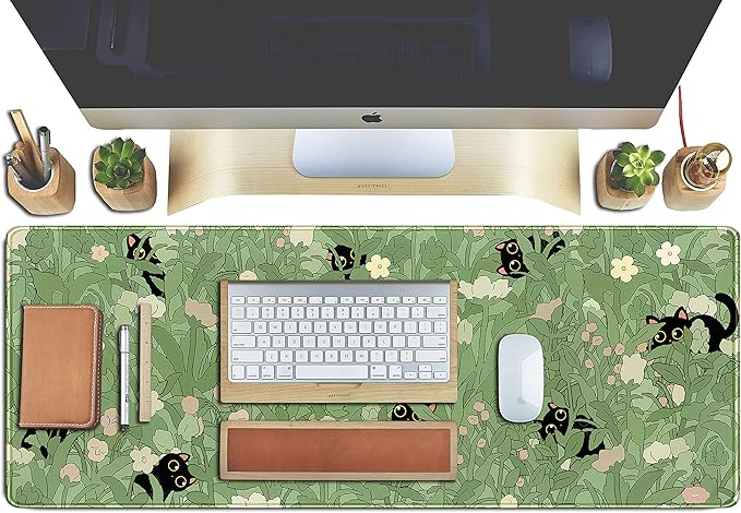 Cute Green Leaves Pink Flowers Mouse Pad Desk Pad Kawaii Anime Cat Desktop - Image 4
