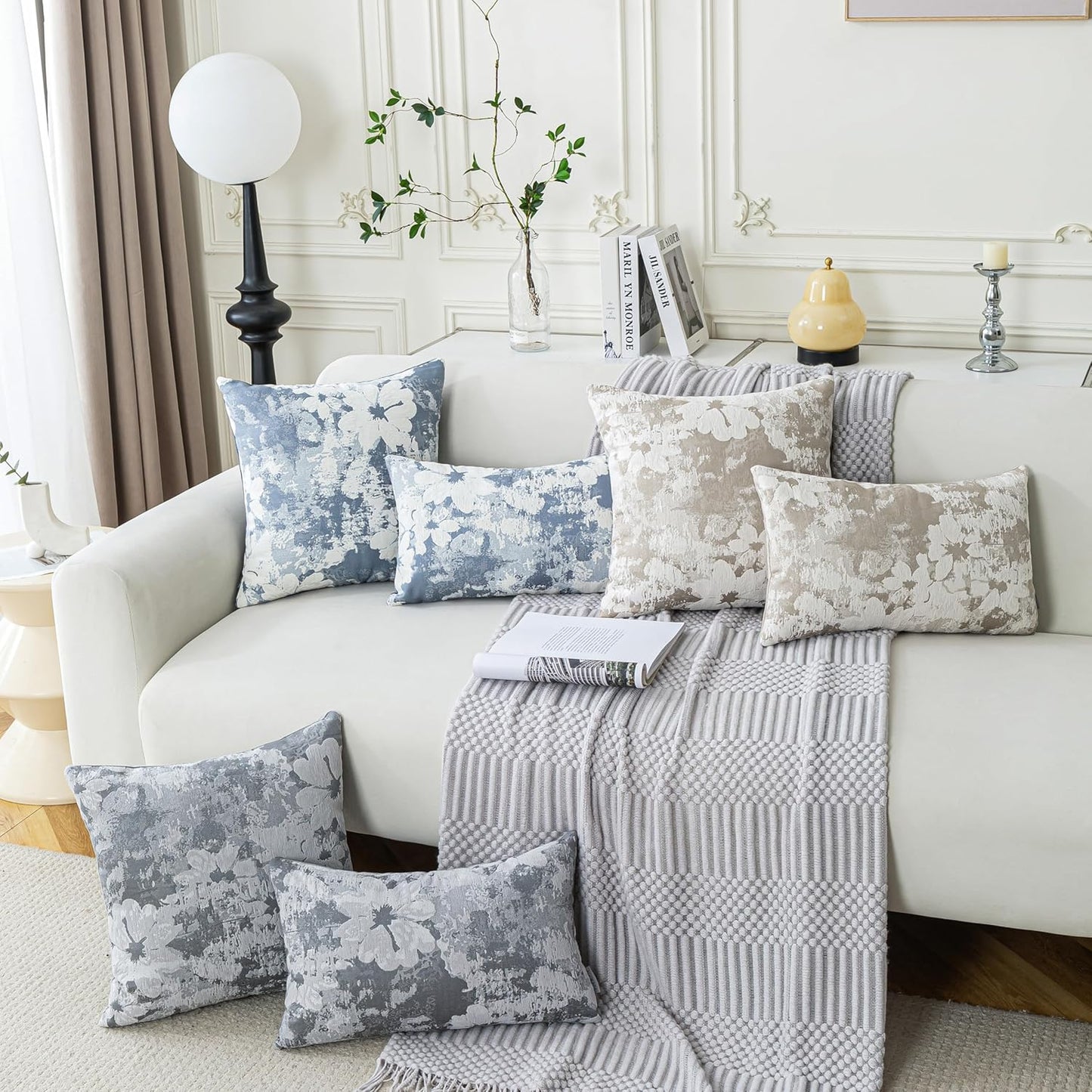 Jacquard Throw Pillow Covers 12x20 Inch Set of 2 - Vintage Floral Boho Pillow Cases with Botanical Pattern | Farmhouse Decor for Couch Living Room | Soft Textured Neutral Trio Dusty Blue 12" x 20"