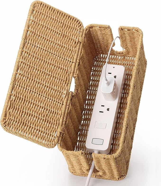 Handmade Cable Management Box Brown, Imitation Rattan Cord Organizer Cord Hider by ZhiYo