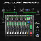 12 Channel Audio Mixer, Professional DJ Mixer Board Sound Music Mixing Console - Image 8