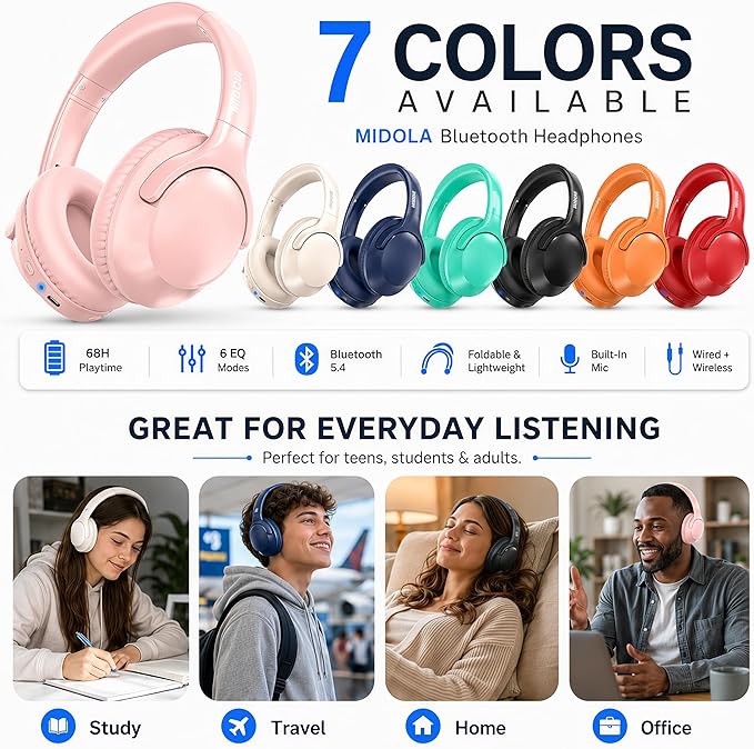 MIDOLA Bluetooth Headphones Over Ear 68H Playtime 6 EQ Wireless Headset - Image 6