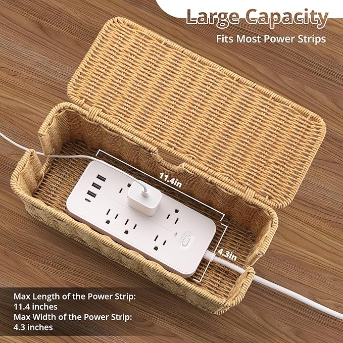 Handmade Cable Management Box Brown, Imitation Rattan Cord Organizer Cord Hider - Image 2
