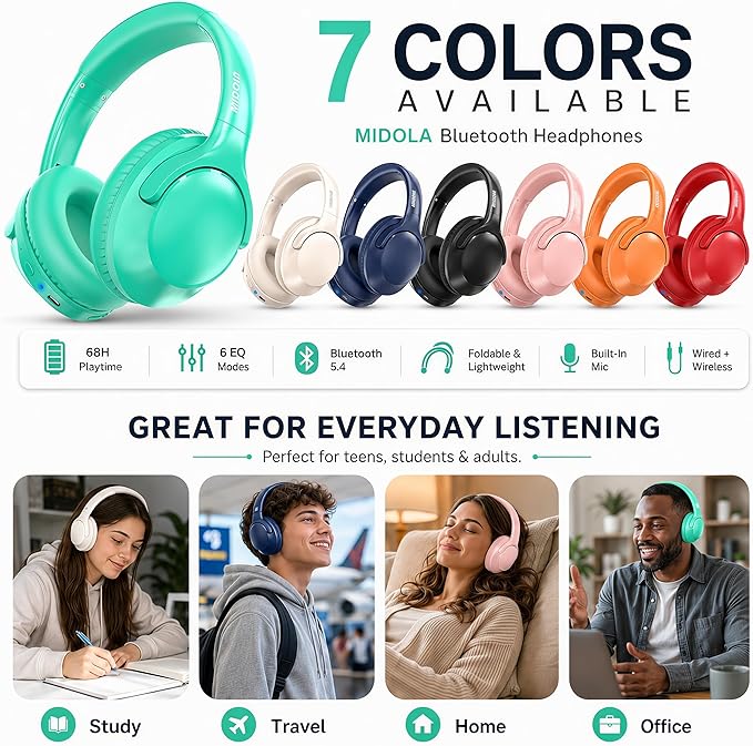 MIDOLA Bluetooth Headphones Over Ear 68H Playtime 6 EQ Wireless Headset - Image 6