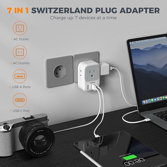 Switzerland Travel Plug Adapter 2 Pack, TESSAN Type J Adaptor - Image 3