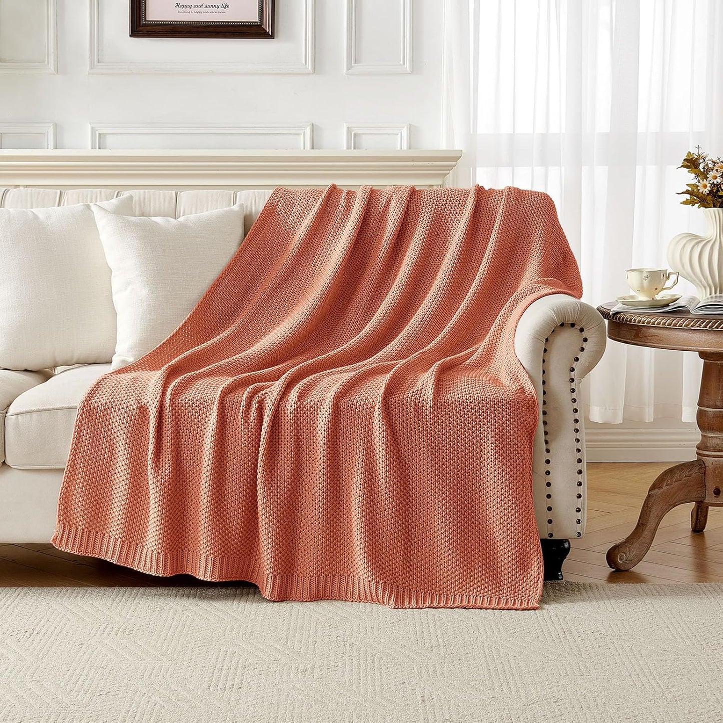 Joydeco Chunky Cable Knit Throw Blanket, Lightweight 100% Cotton Soft Cozy Throw Twin Blanket for Couch Bed and Sofa, Rustic Breathable Farmhouse Blanket Gift for Women Men(Burnt Orange, 60"x80")