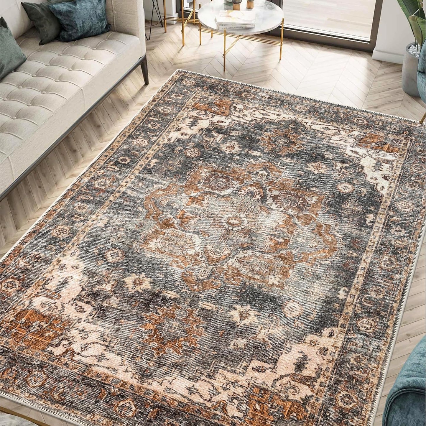 Keen Home Design 10x14 Rug - Machine Washable Area Rug with Non-Slip Backing, Ideal for Living Room, Dining Room, Bedroom - Vintage, Easy Clean, Durable, Low Pile Rug - (9'7" x 14')
