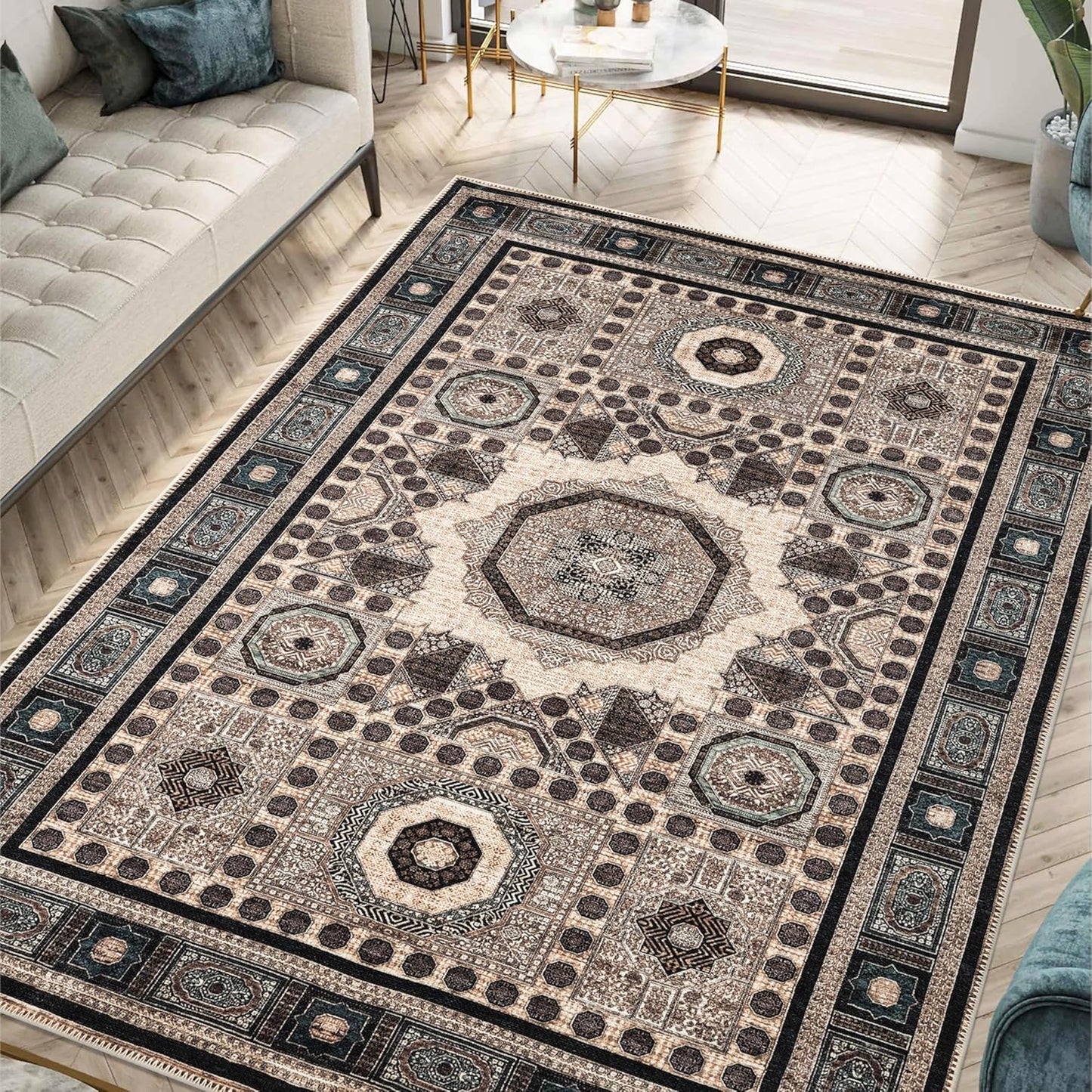 Keen Home Design 10x14 Rug - Machine Washable Area Rug with Non-Slip Backing, Ideal for Living Room, Dining Room, Bedroom - Vintage, Easy Clean, Durable, Low Pile Rug - (9'7" x 14')
